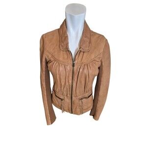 Hinge Vintage Y2K Leather Jacket Pleated Ruched Scuba Jacket Tan Sz S
